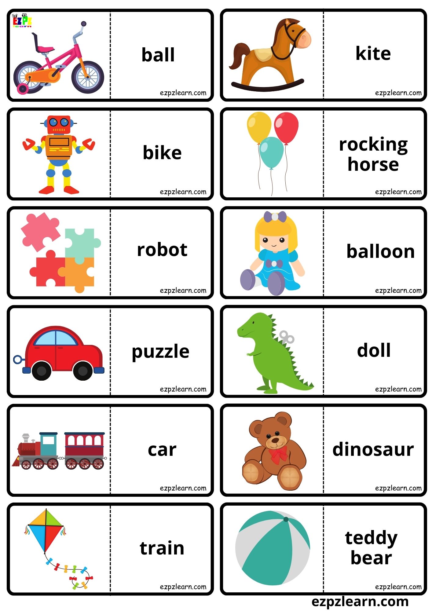 Toys Vocabulary Dominoes Matching Game for Kids and English Language Learners Free PDF Download 